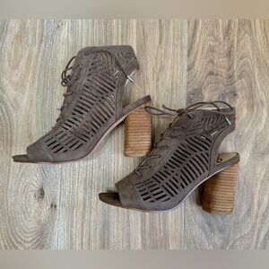 SAM EDELMAN Rocco US 6.5M Brown Suede Cloth Lace Up Sandal Round Chunk Heel EUC